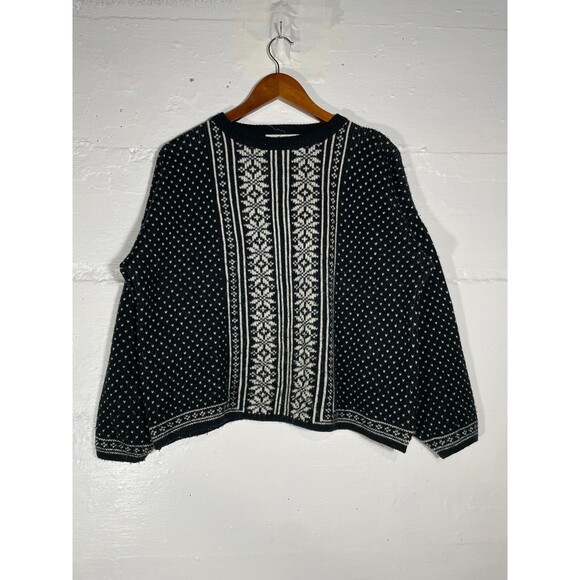 Vintage 80s Cropped Knit Sweater Black White Snowflake Stripe Dot Oversized M - Picture 2 of 9